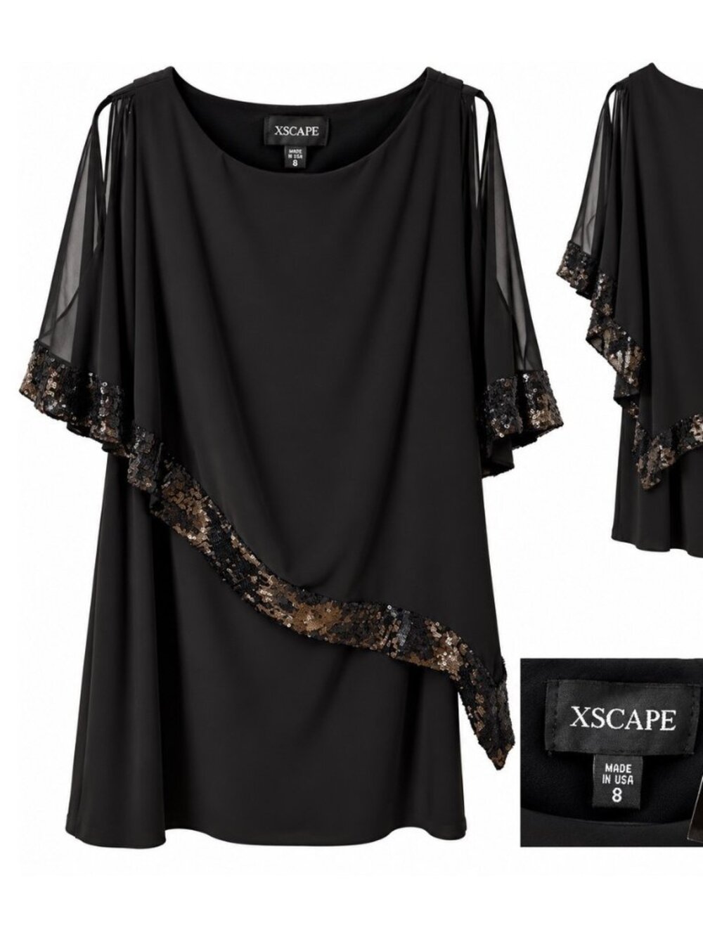 NWT Xscape Black Sequin Chiffon Ruffle Cocktail Wedding Guest Dress Size 8